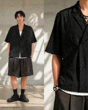 Frayed Wrap Collar Shirt ᛝ Black