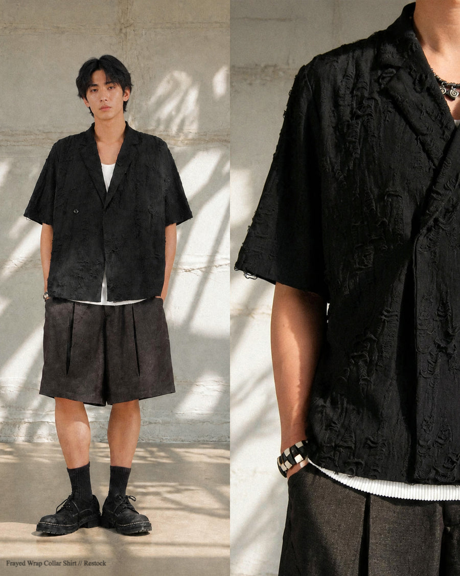 Frayed Wrap Collar Shirt ᛝ Black