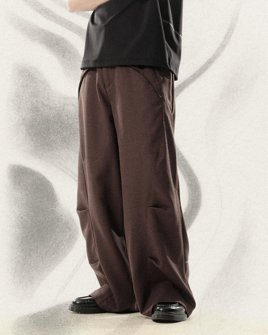 Pleat Curved Pants ᛝ Dark Brown