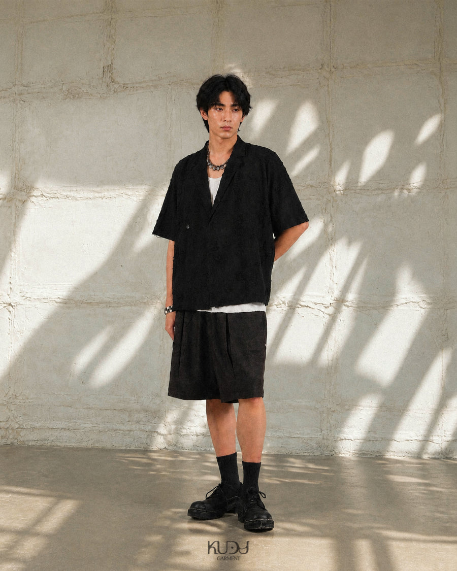 Frayed Wrap Collar Shirt ᛝ Black