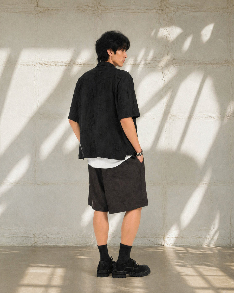 Frayed Wrap Collar Shirt ᛝ Black