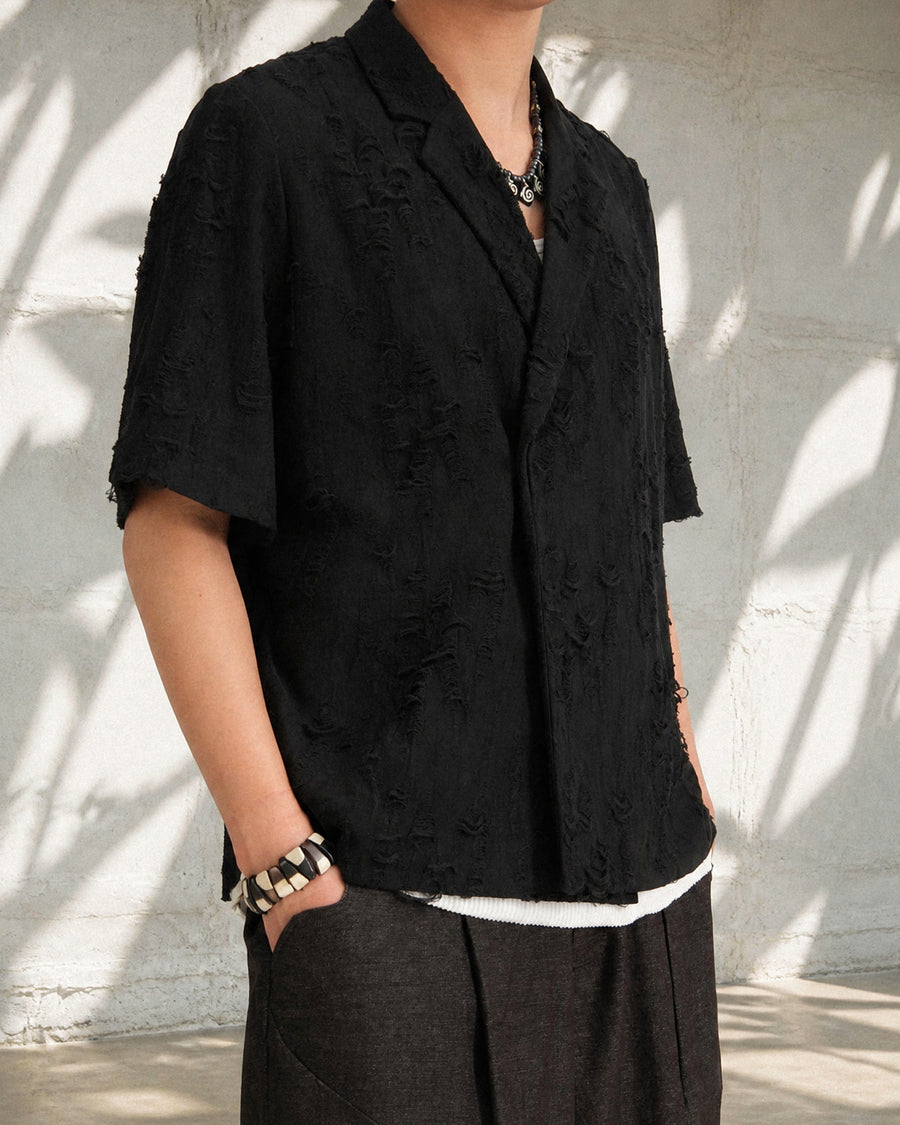 Frayed Wrap Collar Shirt ᛝ Black