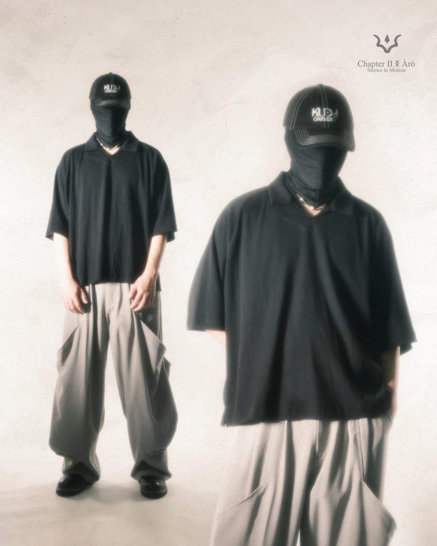 Waffle Boxy Polo T-shirt ᛝ Black