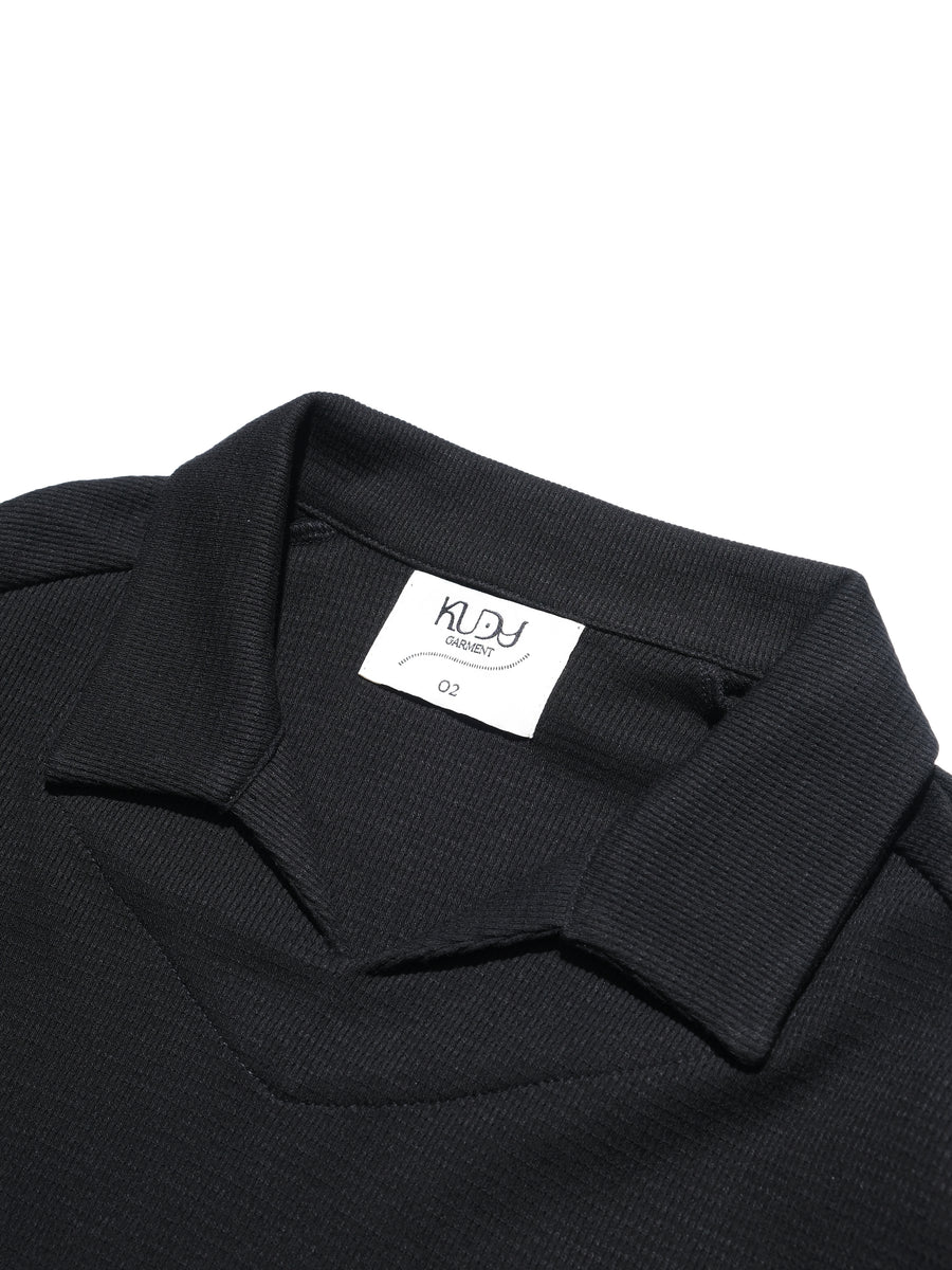 Waffle Boxy Polo T-shirt ᛝ Black